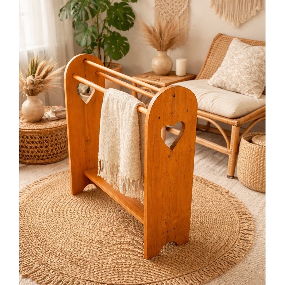 Vintage Heart Cutout Wooden Quilt Rack Stand Cottage Core Boho Country Decor